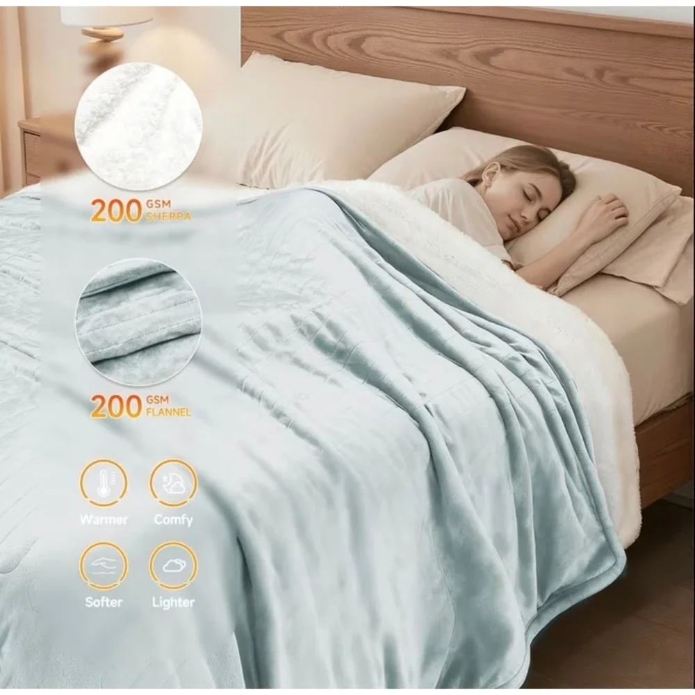 Heated Electric Blanket Throw 6 Heat Settings Auto Off 200gsm Plush Flannel Blue